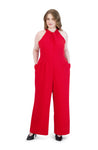 Halter Crepe Back Zipper Button Closure Keyhole Jumpsuit