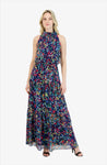 Full-Skirt Flowy Pleated Button Closure Tiered Keyhole Chiffon Halter Mock Neck Dots Print Maxi Dress