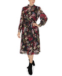 General Print Chiffon Long Sleeves Elasticized Waistline Drawstring Midi Dress