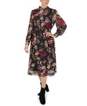 General Print Elasticized Waistline Chiffon Long Sleeves Drawstring Midi Dress