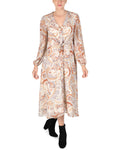 Self Tie Back Zipper Button Front Chiffon Long Sleeves Paisley Print Shirt Midi Dress