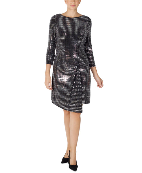 Pleated Sequined Above the Knee Knit Dress