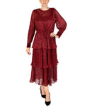 Tall A-line Metallic Round Neck Pleated Button Closure Tiered Elasticized Waistline Long Sleeves Maxi Dress