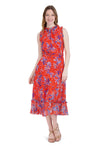 Sleeveless Mock Neck Fitted Hidden Back Zipper Fit-and-Flare Floral Print Dress With Ruffles
