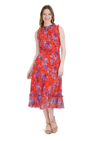 Sleeveless Mock Neck Floral Print Fitted Hidden Back Zipper Fit-and-Flare Dress With Ruffles