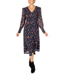 V-neck Long Sleeves Back Zipper Button Closure General Print Shirt Midi Dress