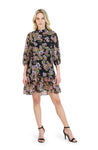 Shift Chiffon Floral Print Keyhole Sheer Gathered Flowy Button Closure Short Mock Neck Dress