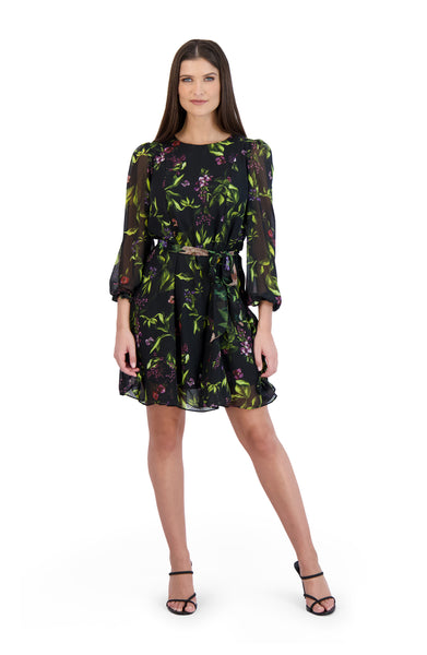 A-line Floral Print Chiffon Long Sleeves Self Tie Crew Neck Cocktail Short Dress