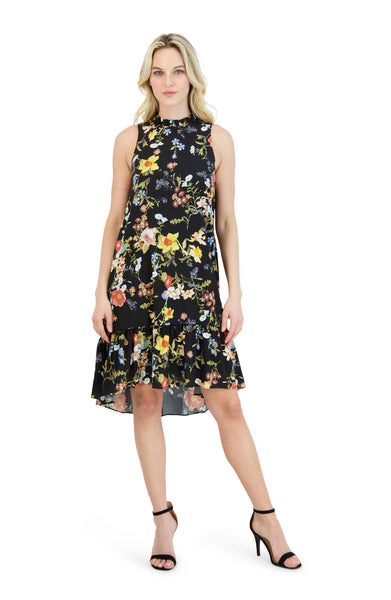 Crepe Button Closure Pocketed Flower(s) Mock Neck Shift Sleeveless General Print Midi Dress With Ruffles