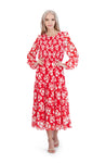 A-line Flutter Puff Sleeves Sleeves Chiffon Smocked Button Closure Floral Print Midi Dress