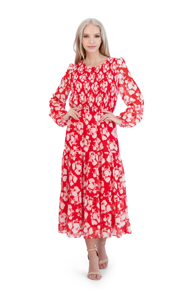 A-line Smocked Chiffon Flutter Puff Sleeves Sleeves Floral Print Button Closure Midi Dress