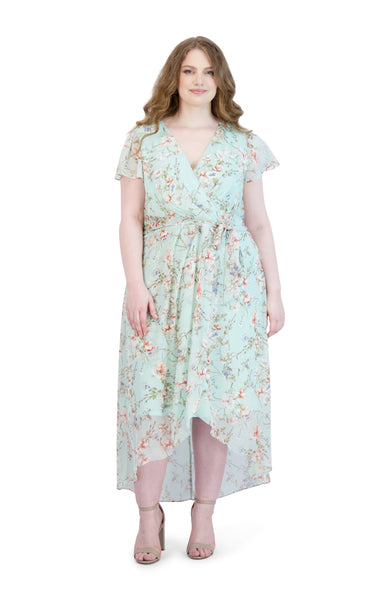 Plus Size Above the Knee Asymmetric Wrap Floral Print Dress