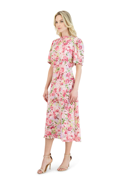 A-line Slit Hidden Back Zipper Self Tie Above the Knee Puff Sleeves Sleeves Floral Print Mock Neck Dress With a Ribbon