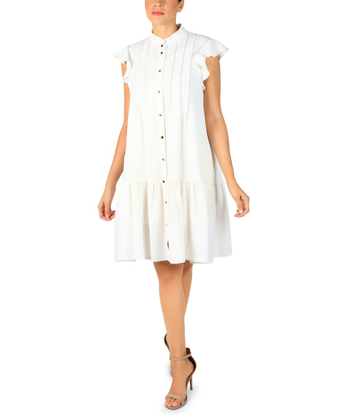 Dropped Waistline Button Front Flutter Sleeves Dress With Ruffles