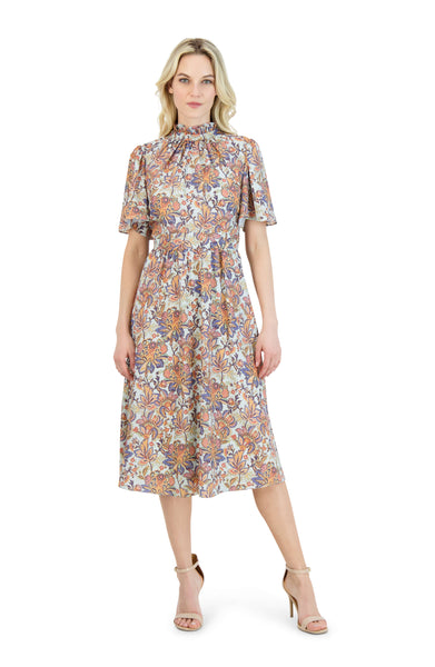 A-line Back Zipper Mock Neck Flutter Short Sleeves Sleeves Floral Print Full-Skirt Midi Dress With Ruffles