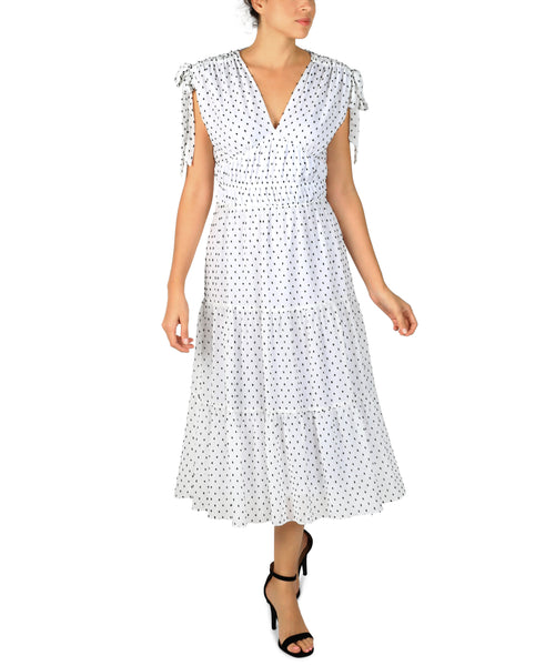 Dots Print Back Zipper Elasticized Waistline Chiffon Midi Dress