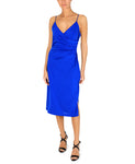 V-neck Fall Sheath Below the Knee Sleeveless Spaghetti Strap Pleated Wrap Fitted Hidden Side Zipper Sheath Dress