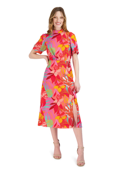 Mock Neck Puff Sleeves Sleeves General Print Self Tie Midi Dress With a Ribbon