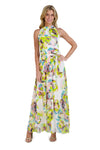 Ankle Length Elasticized Waistline Floral Print Flowy Button Closure Tiered Chiffon Sleeveless Mock Neck Maxi Dress