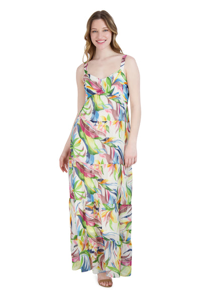 Empire Waistline Sleeveless Sweetheart Tiered Flowy Hidden Back Zipper Floral Print Maxi Dress