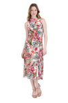 A-line Fit-and-Flare Fitted Back Zipper Self Tie Sleeveless Halter Mock Neck Below the Knee Floral Print Dress With a Ribbon