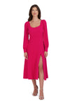 A-line Linen Hidden Back Zipper Fitted Button Closure Slit Plunging Neck Scoop Neck Smocked Below the Knee Long Sleeves Fall Fit-and-Flare Dress