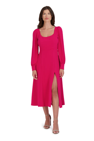 A-line Plunging Neck Scoop Neck Smocked Long Sleeves Below the Knee Fall Fit-and-Flare Fitted Hidden Back Zipper Slit Button Closure Linen Dress