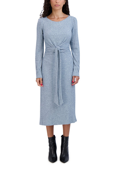 Fitted Ribbed Fall Sweater Sheath Knit Round Neck Below the Knee Long Sleeves Sheath Dress