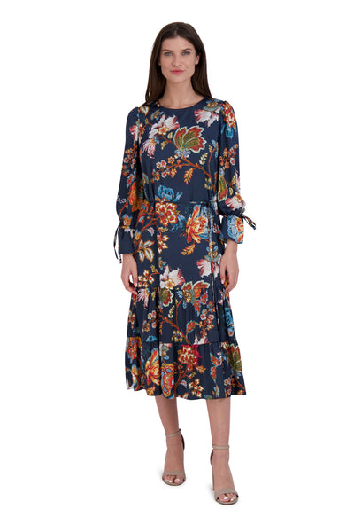 Satin Fall Floral Print Long Sleeves Tie Waist Waistline Dress