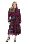 Self Tie Drawstring Tiered Sheer Sleeves General Print Fall Chiffon Midi Dress With Ruffles