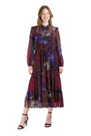 General Print Self Tie Tiered Drawstring Sheer Sleeves Chiffon Fall Midi Dress With Ruffles