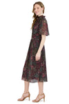 General Print Elasticized Waistline Flutter Short Sleeves Sleeves Mock Neck Hidden Back Zipper Fitted Button Closure Fit-and-Flare Fall Chiffon Below the Knee Dress With Ruffles