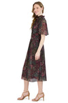Mock Neck Flutter Short Sleeves Sleeves Chiffon Below the Knee Fit-and-Flare Fall Button Closure Hidden Back Zipper Fitted General Print Elasticized Waistline Dress With Ruffles