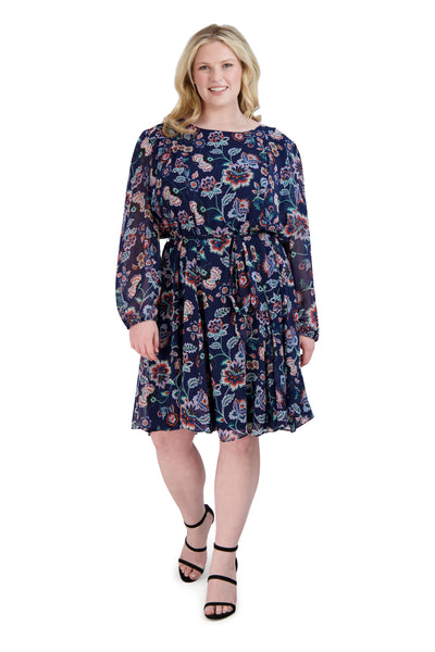 Tie Waist Waistline Belted Button Closure Above the Knee Chiffon Sheer Long Sleeves Swing-Skirt Floral Print Dress
