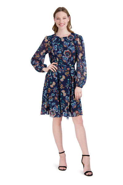 Tie Waist Waistline Above the Knee Swing-Skirt Sheer Long Sleeves Chiffon Belted Button Closure Floral Print Dress