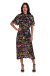 V-neck Fit-and-Flare Fall Flutter Sleeves Fitted Self Tie Sheer Elasticized Waistline Chiffon General Print Midi Dress