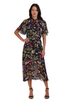 V-neck Flutter Sleeves Chiffon Fall Elasticized Waistline Fit-and-Flare Fitted Sheer Self Tie General Print Midi Dress