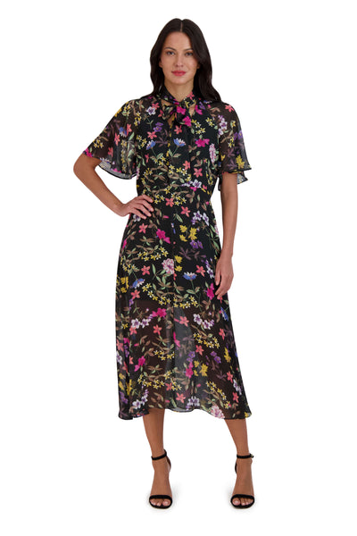 V-neck Chiffon Flutter Sleeves General Print Elasticized Waistline Fit-and-Flare Fall Self Tie Fitted Sheer Midi Dress