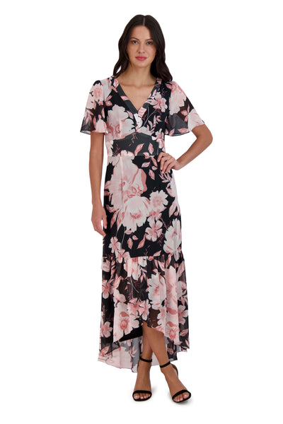 Fall Floral Print Flutter Sleeves Chiffon Below the Knee High-Low-Hem Maxi Dress