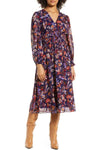 V-neck Floral Paisley Print Chiffon Shirred Midi Dress With Ruffles