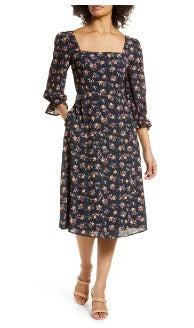 Pocketed 3/4 Sleeves Smocked Square Neck Floral Print Midi Dress