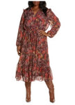 Self Tie Drawstring Tiered Chiffon General Print Long Sleeves Midi Dress With Ruffles