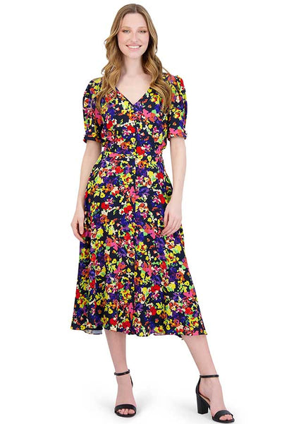 A-line V-neck Fitted Button Front Floral Print Fit-and-Flare Short Sleeves Sleeves Midi Dress