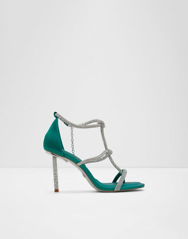 Faux Leather Heels Sandal Studded With Strass For Women - Light Green