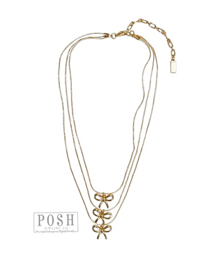 Posh By Pink Panache Gold Three Strand Delicate Chain Necklace With Bow Pendants - Deja Nu Tx