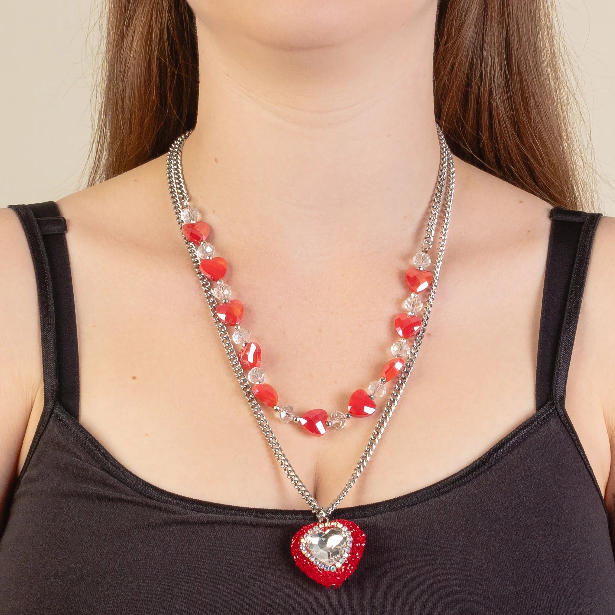 Valentine Layered Crystal Heart Charm Necklace