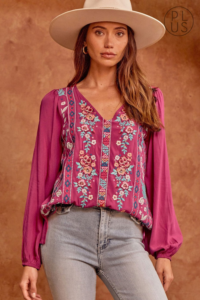 Savanna Jane Magenta Classic Embroidered Top With Long Sleeves – Deja Nu Tx