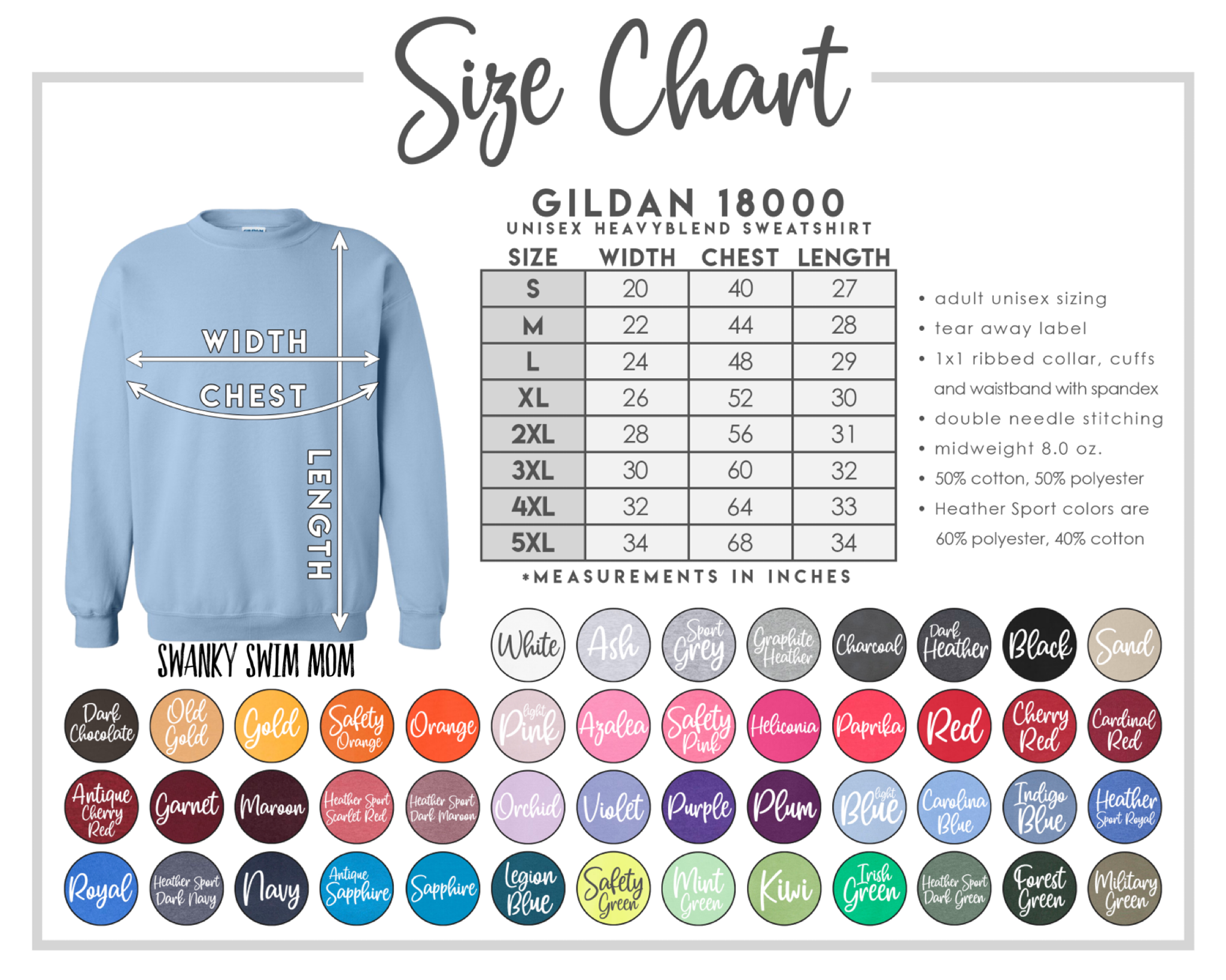 sweatshirt color size chart