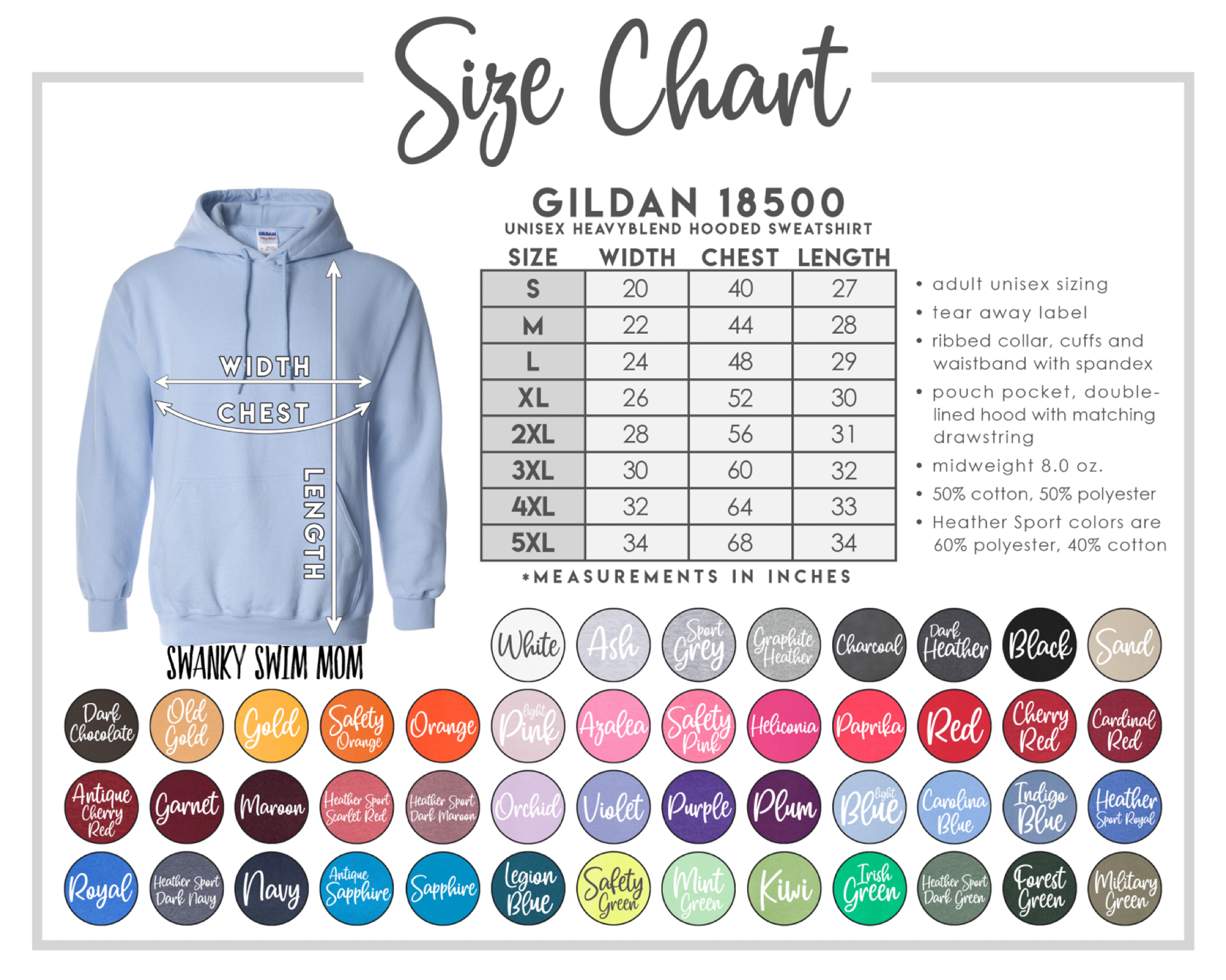 hoodie color size chart