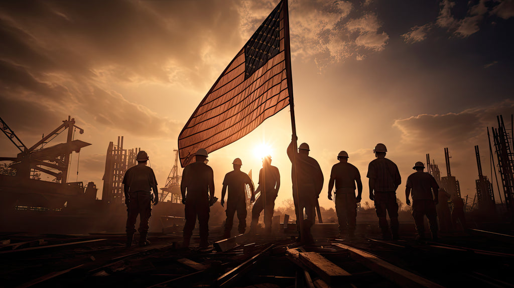 workers marching with an american flag
